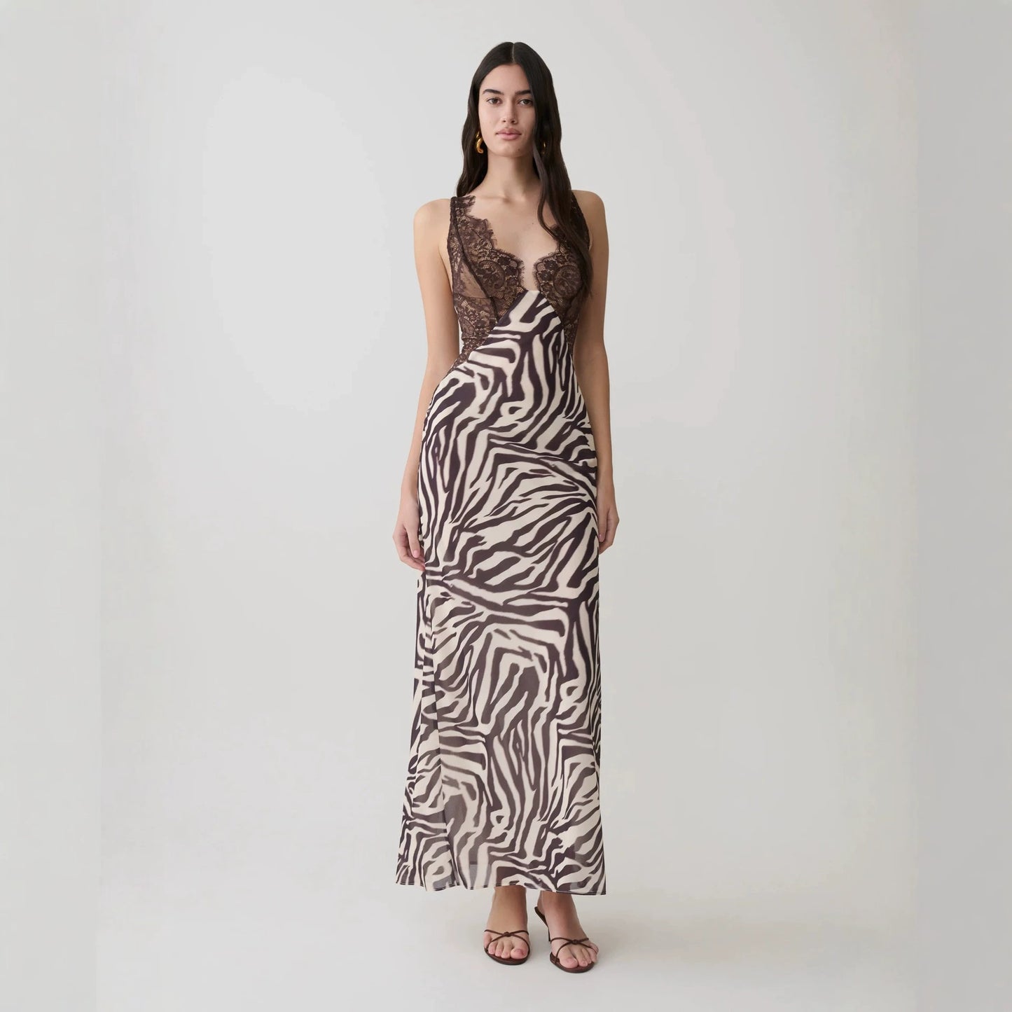 Zebra-print lace-panelled slit camisole maxi dress