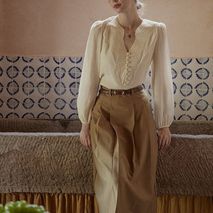 cream apricot V-neck top