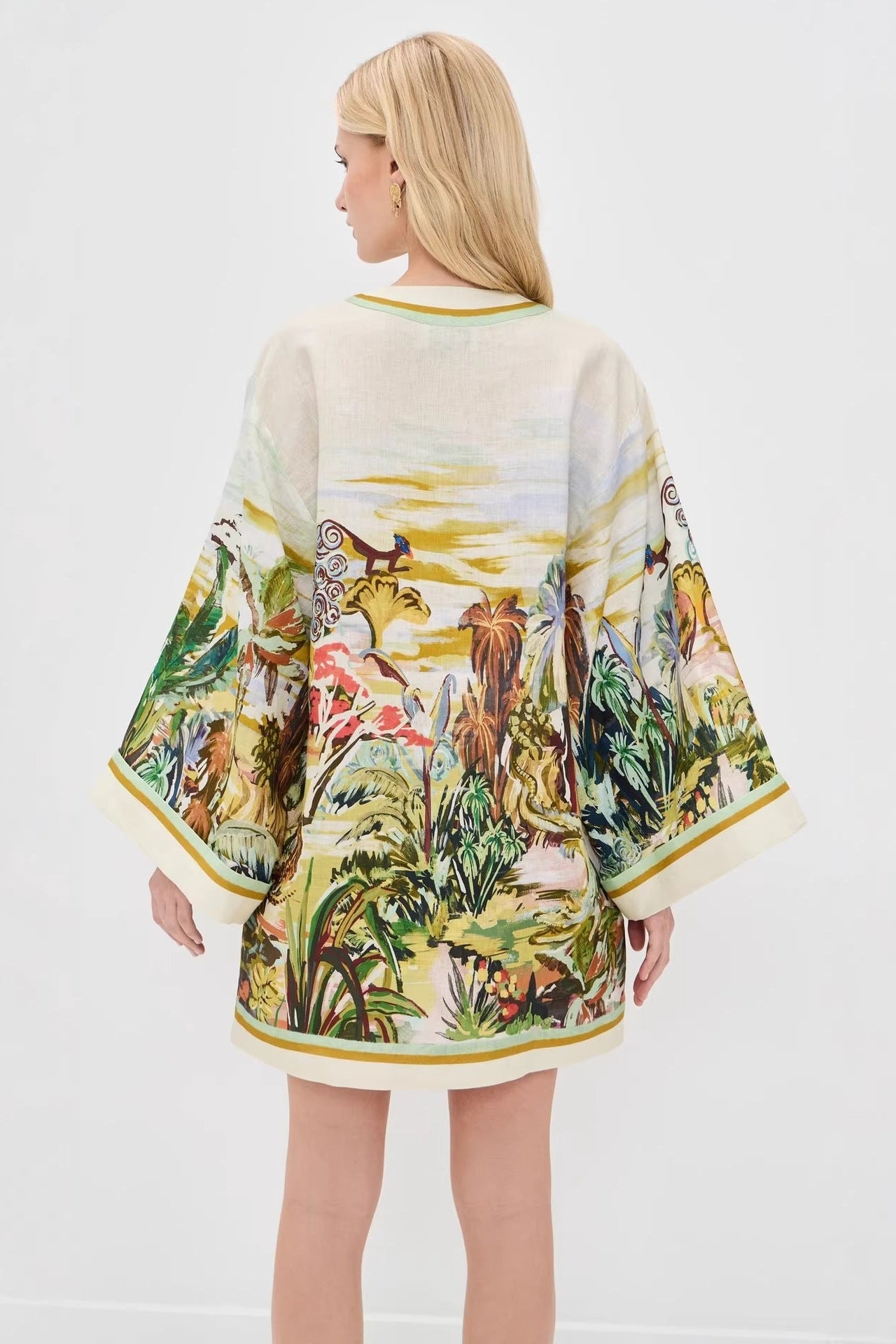 Vacation v-neck print long-sleeved mini dress