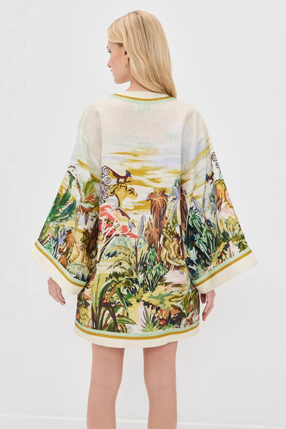 Vacation v-neck print long-sleeved mini dress