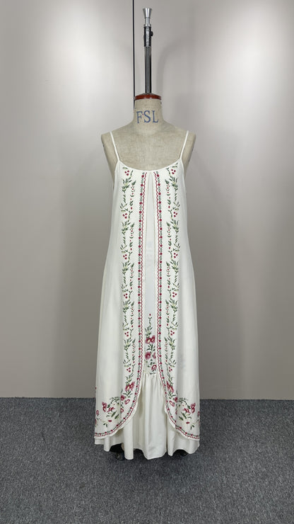 Vintage Embroidered Cotton Floral Maxi Dress