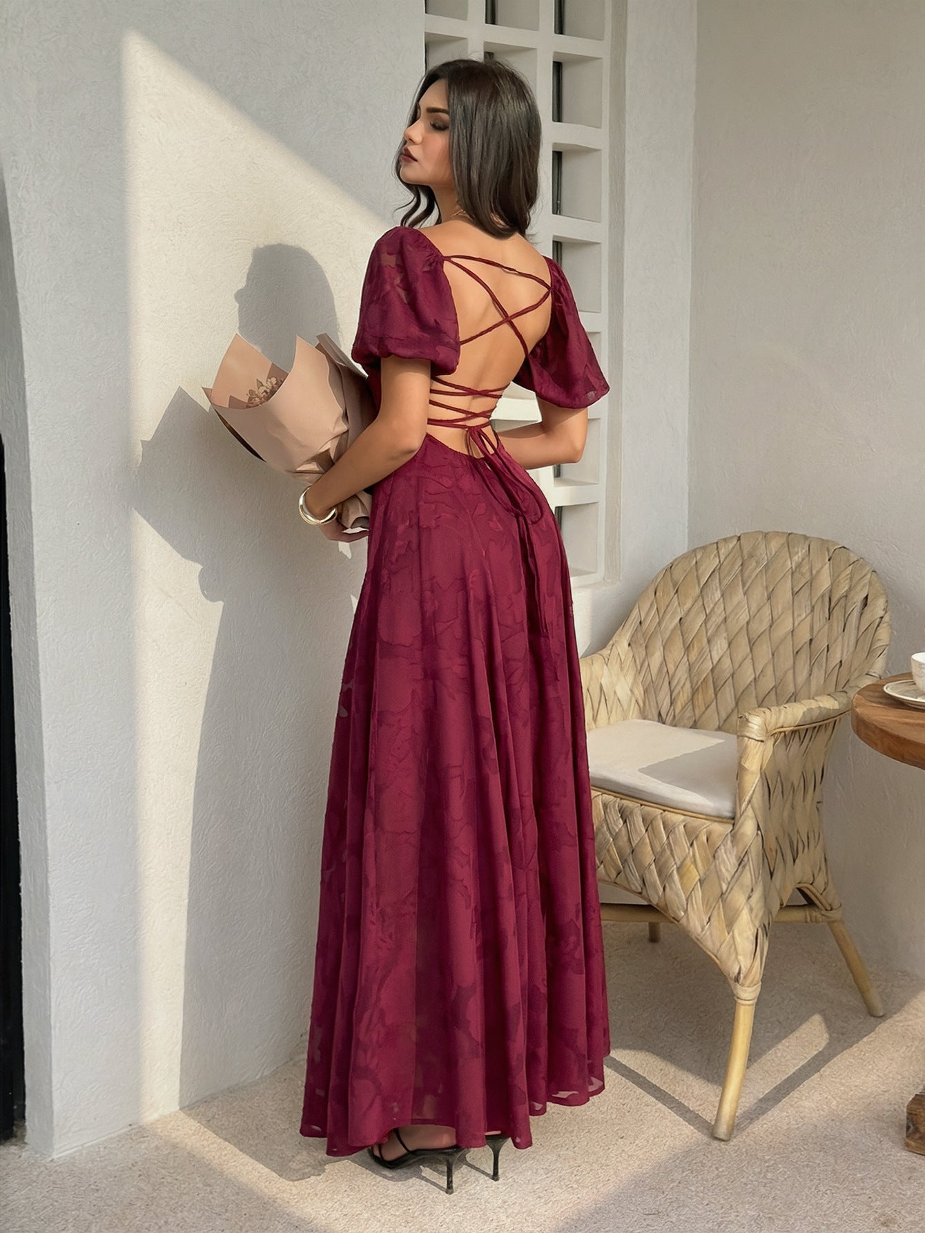 red wine square neck puff neck jacquard waist dress