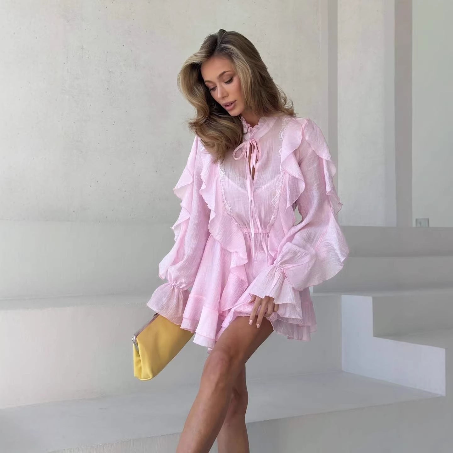Bell-sleeve ruffled mini dress with tie detail