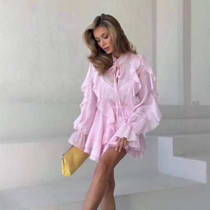 Bell-sleeve ruffled mini dress with tie detail