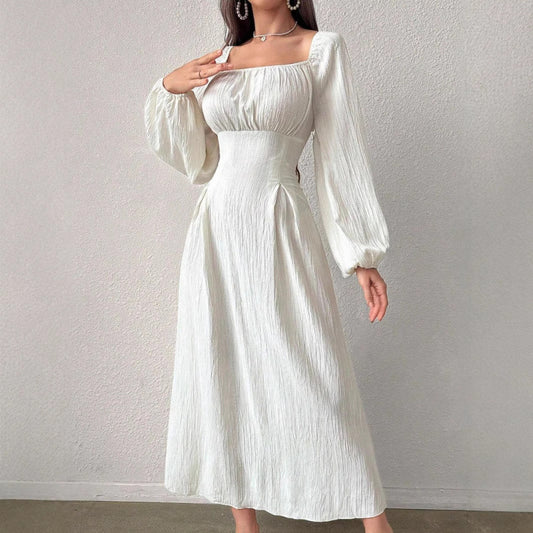 square neck waist-cinching slimming A-line maxi dress