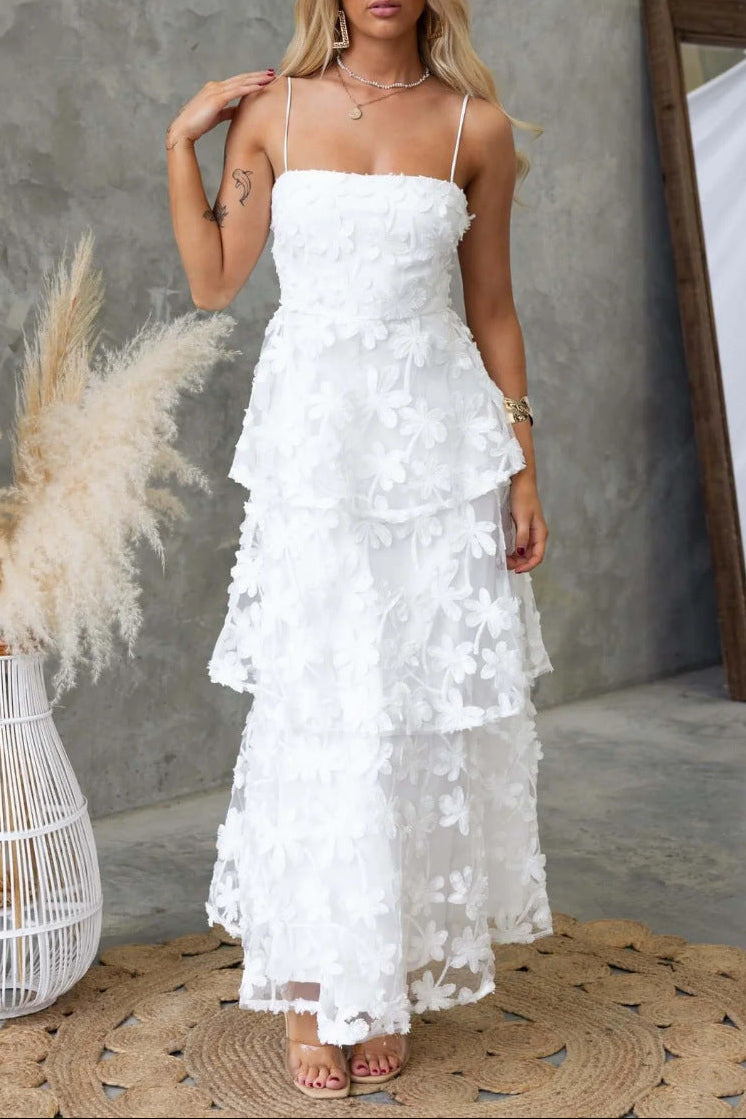 White 3D Floral Spaghetti Strap Tiered Midi Dress