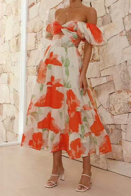 Printed puff-sleeve maxi dress with full flared skirt