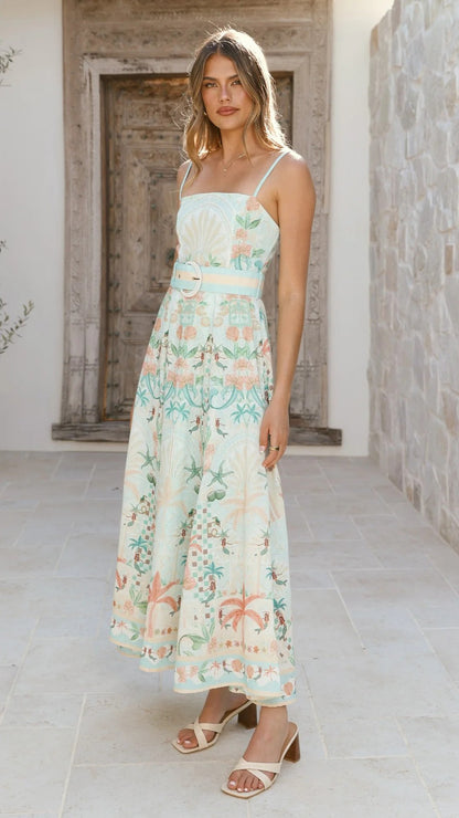 green large swing floral linen sleeveless slip dress