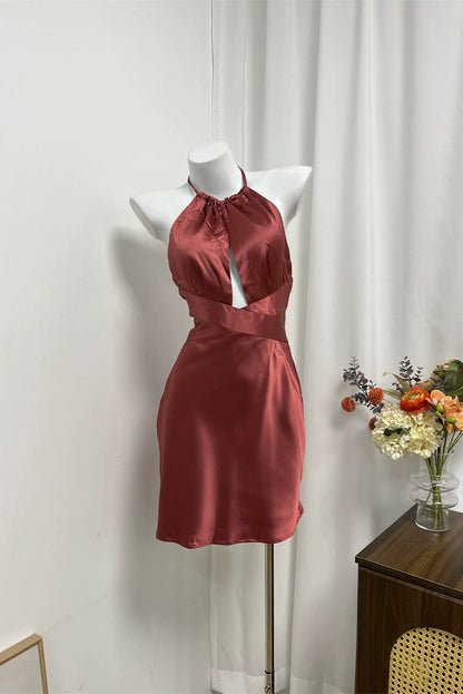 brown halterneck backless dress