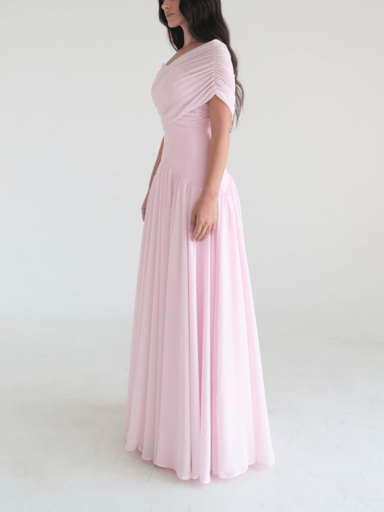 off-shoulder Criss-cross design ruched maxi dress in pink