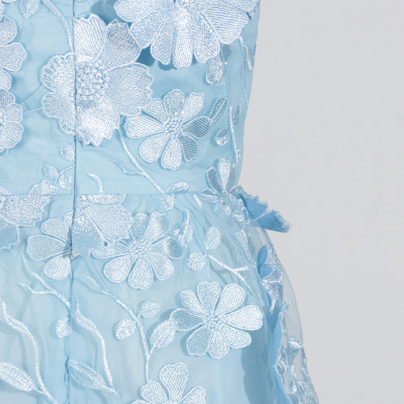 Selene floral embroidery Tiered Maxi Dress In Blue