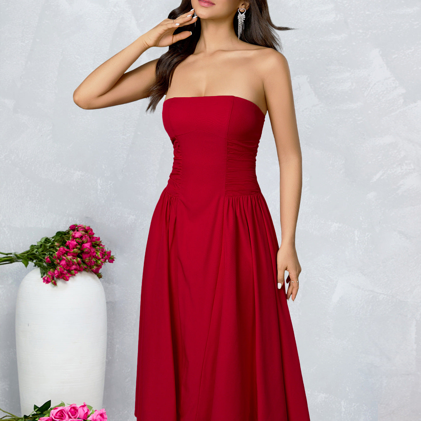 red bandeau backless  A-line mid dress