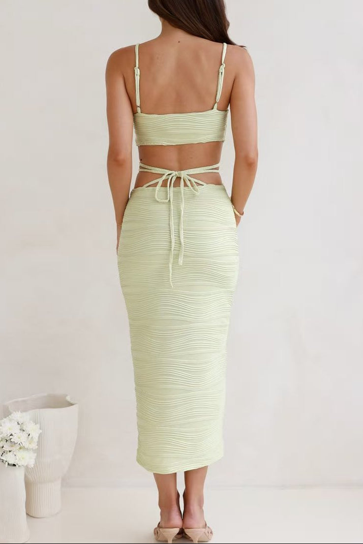 green Wavy-Patterned Strappy Maxi Dress with Waist Cutouts