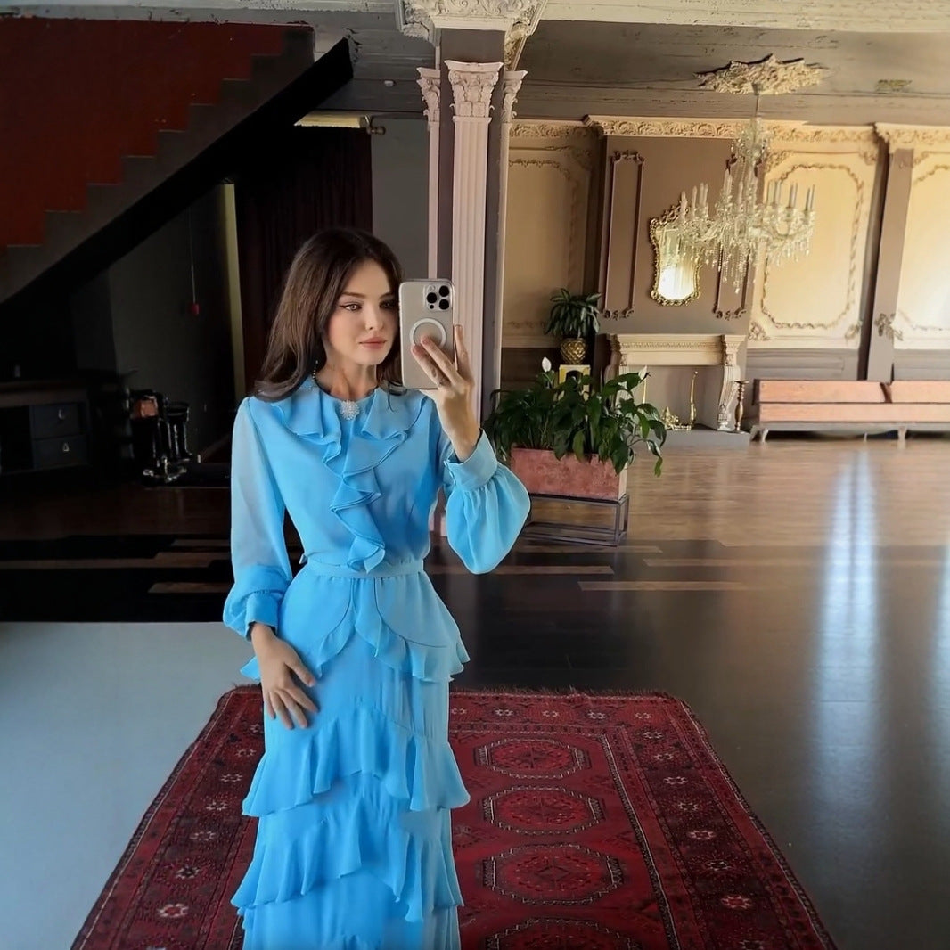 V-neck long-sleeve ruffle maxi dress