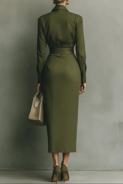 green Long Skirt Shirt Collar Long Sleeve Pocket maxi Dress