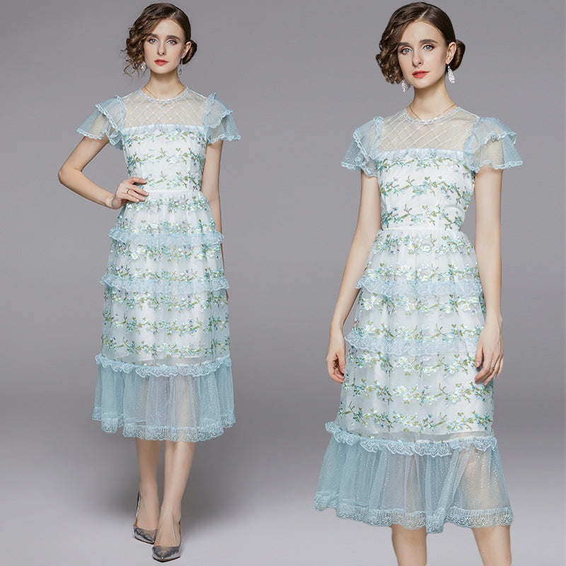 embroidered sheer layered mesh midi dress - blue & green