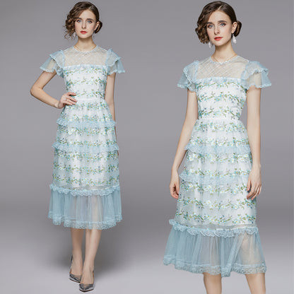 embroidered sheer layered mesh midi dress - blue & green