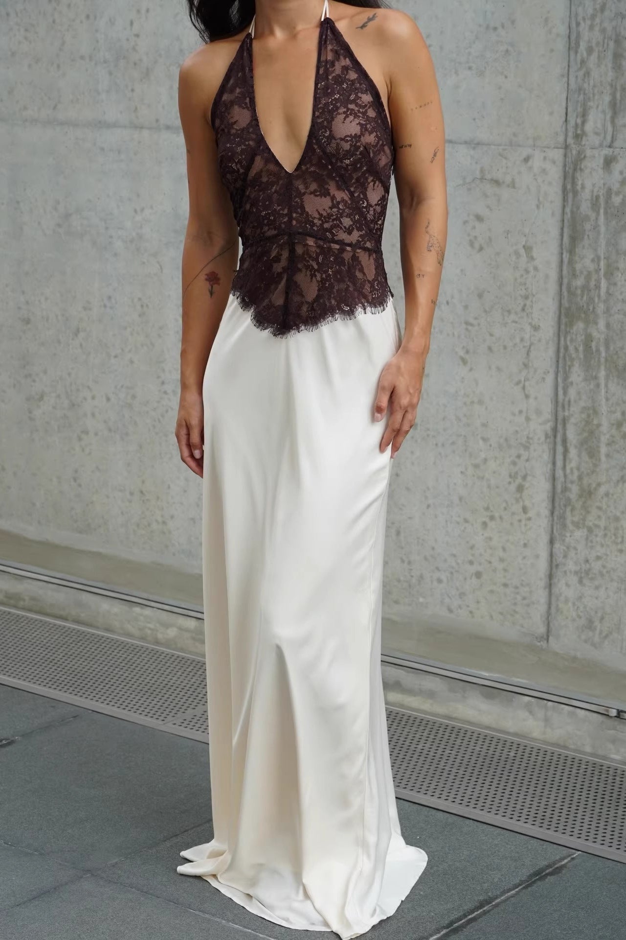 satin lace halterneck spliced hollow dress