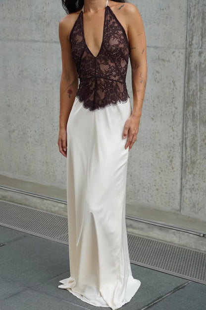 satin lace halterneck spliced hollow dress