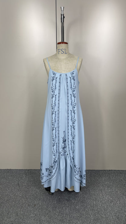 Vintage Embroidered Cotton Floral Maxi Dress