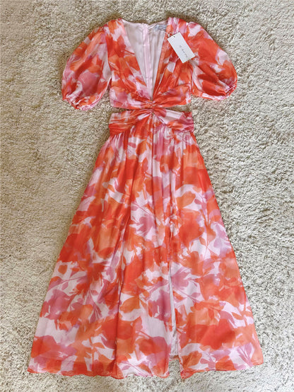 pressed waist slit floral V-neck dress