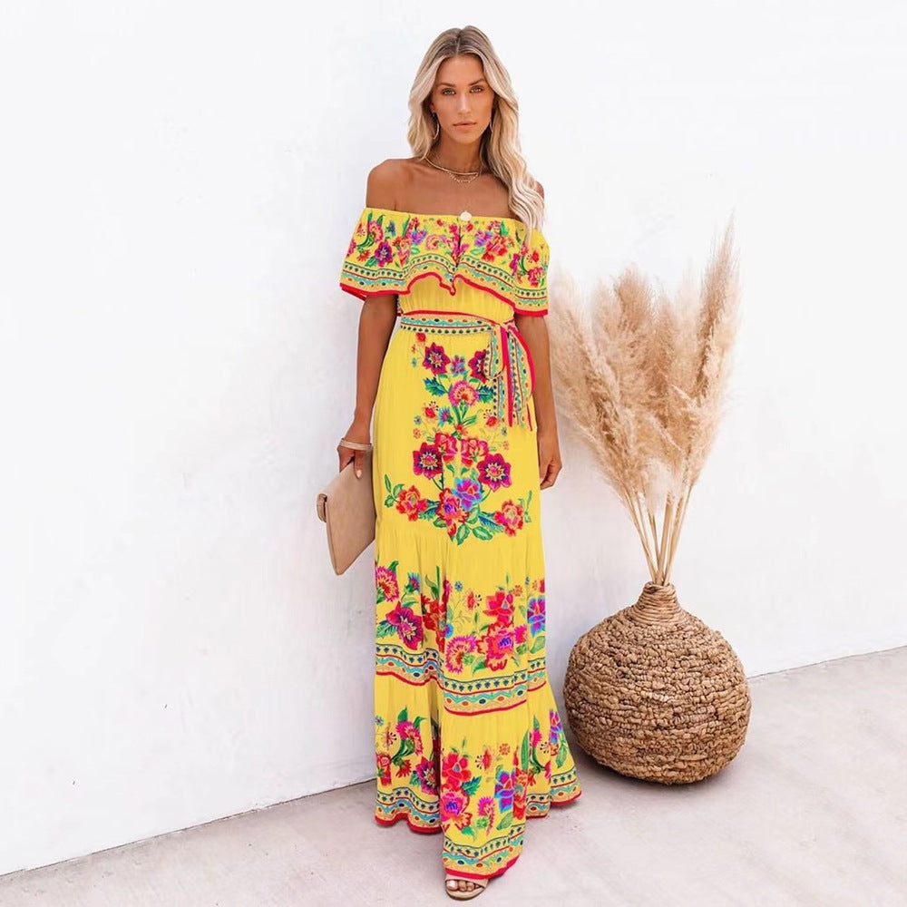 Off-shoulder printed maxi dress with a full skirt