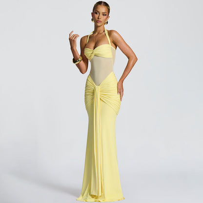 yellow backpack pleated hip dress
