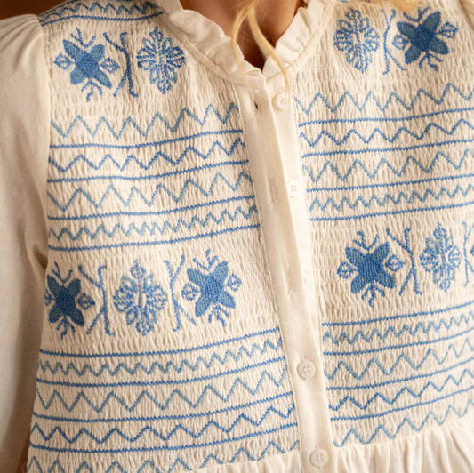 blue embroidery cotton linen single-breasted long-sleeved shirt