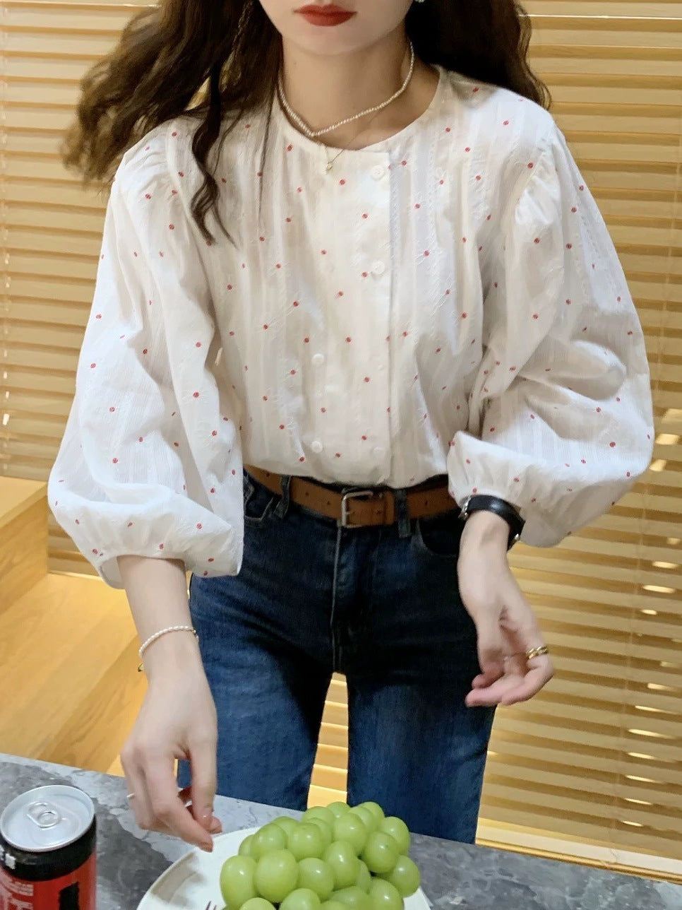 Double-breasted shirt with subtle floral pattern