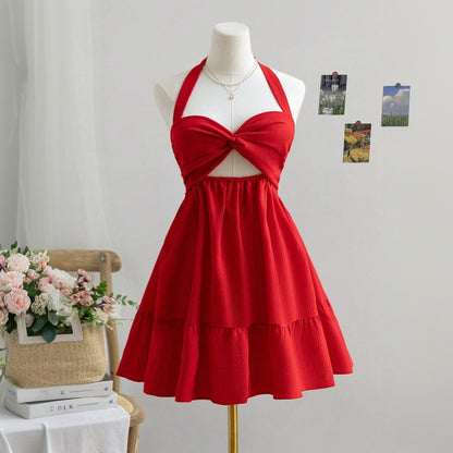 mona Red halter-neck backless mini dress