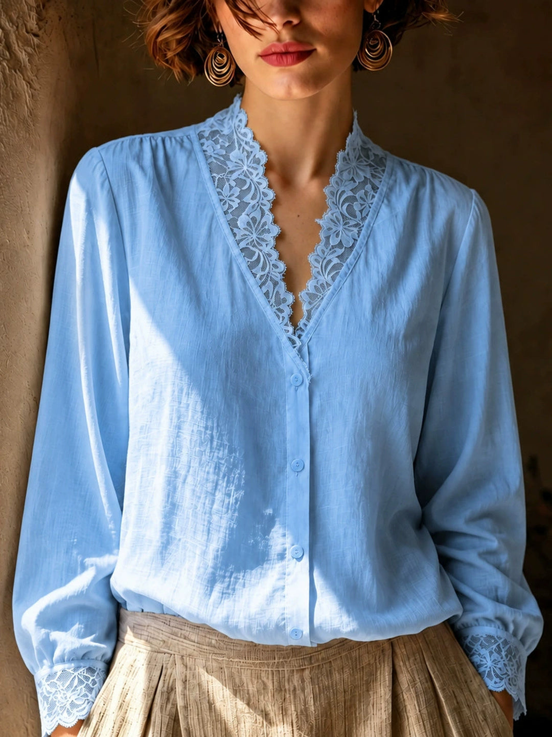 French-style V-neck Lace-panel Blouse