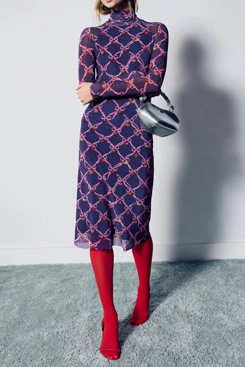 Sheer Mesh midi Dress with Multicolored Polka Dots