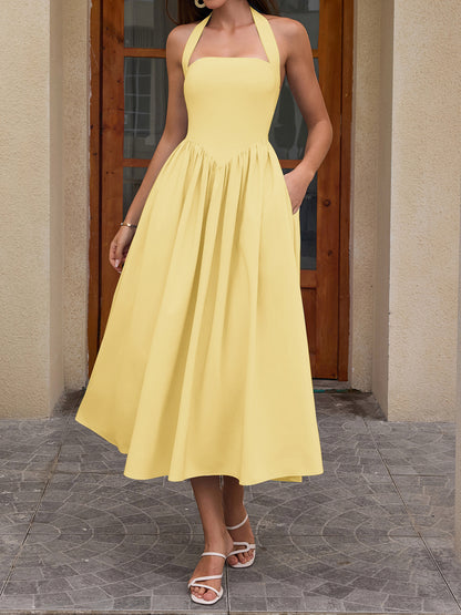 yellow halterneck strap backless midi dress