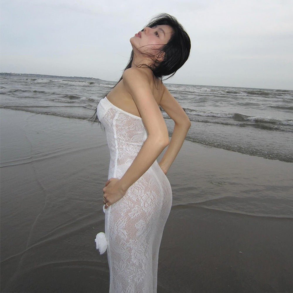 letitia white Lace strapless 3D floral mermaid dress