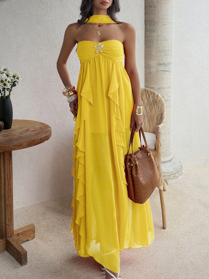 yellow bandeau layered ruffled dress