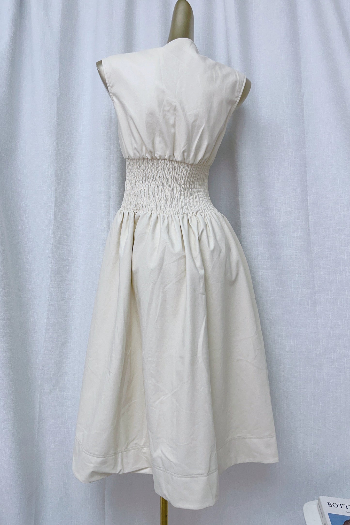 apricot cream stretch waist V-neck shoulder dress