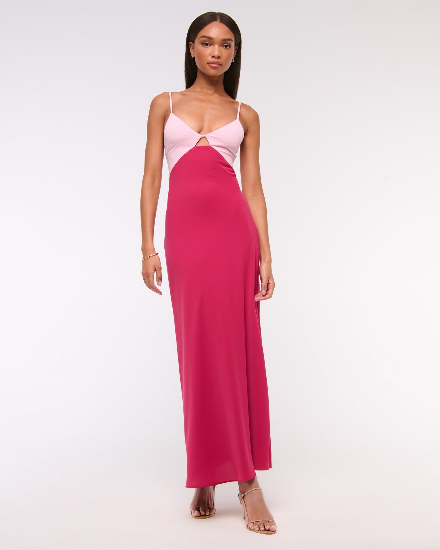 pink open back suspender color-blocking dress