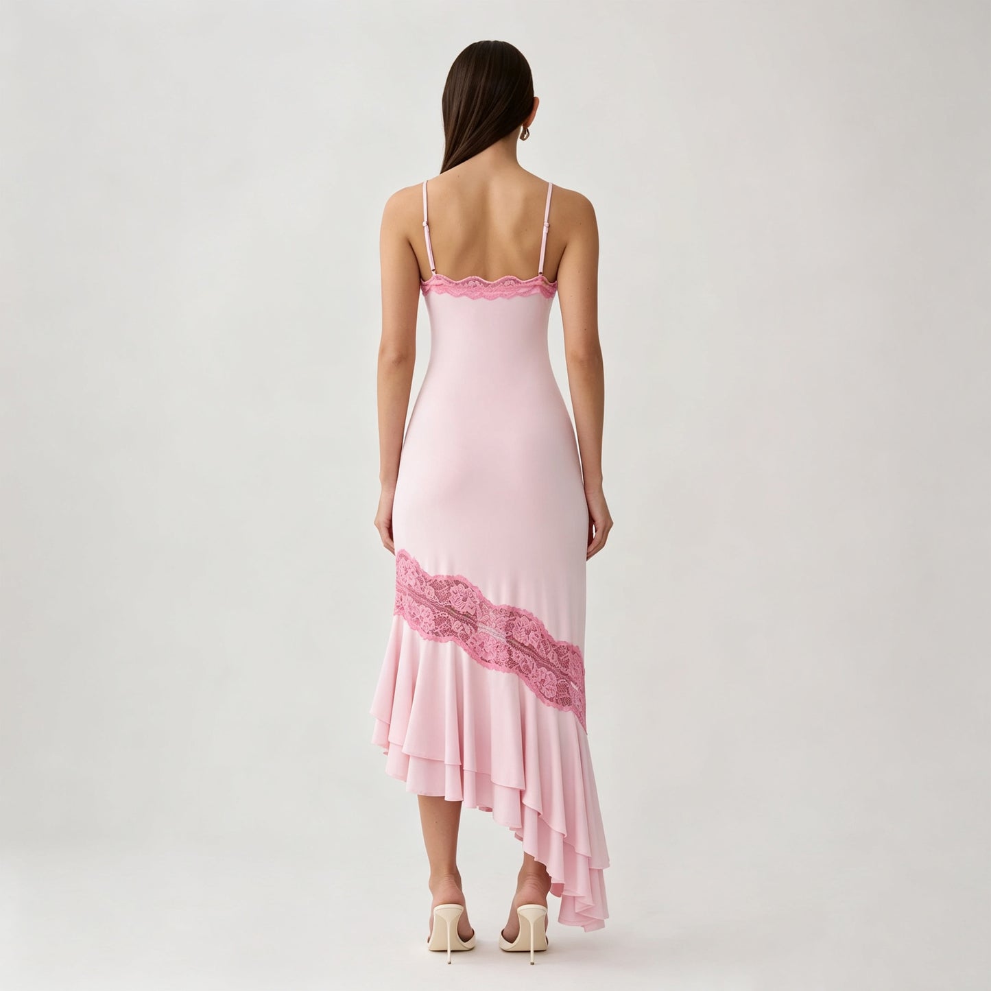 pink V-neck camisole maxi dress with asymmetrical lace splicing & cut-out