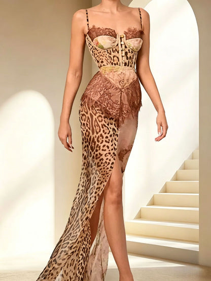 Slit leopard-print lace maxi dress