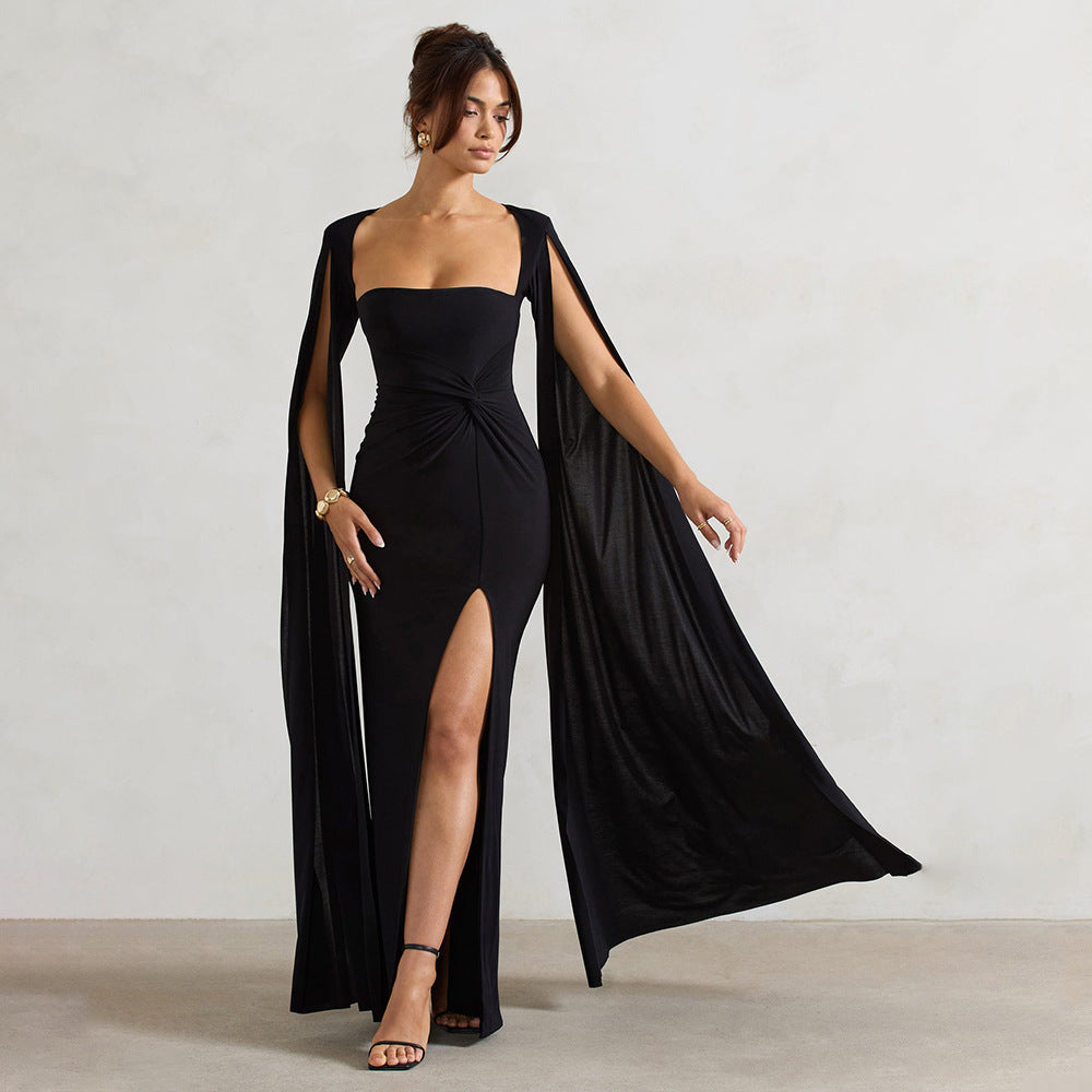 black square neck long sleeve high slit dress
