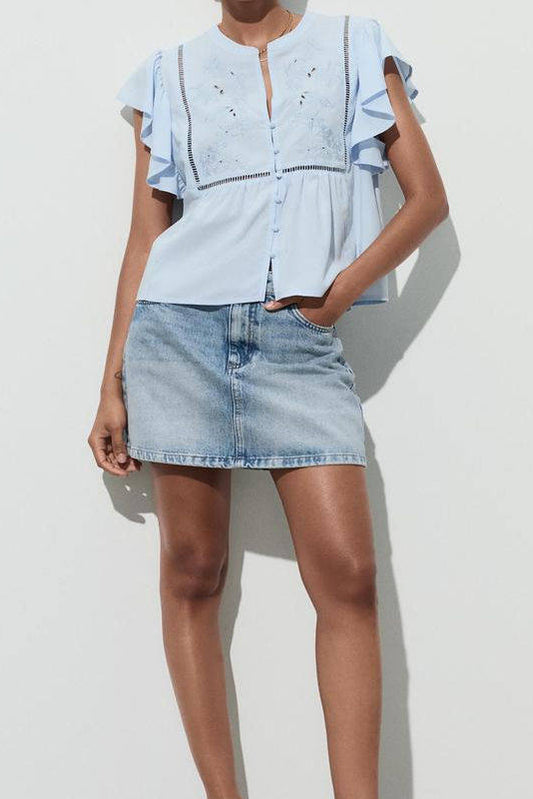 blue Hollow Embroidered Layered Lapel Short-Sleeve Shirt