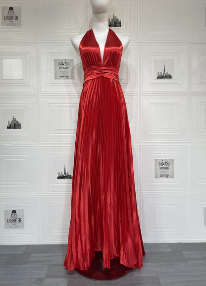 red one-shoulder pleated long dress