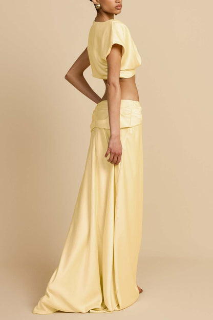 yellow pleated geometric splicing shape bandeau skirt suit