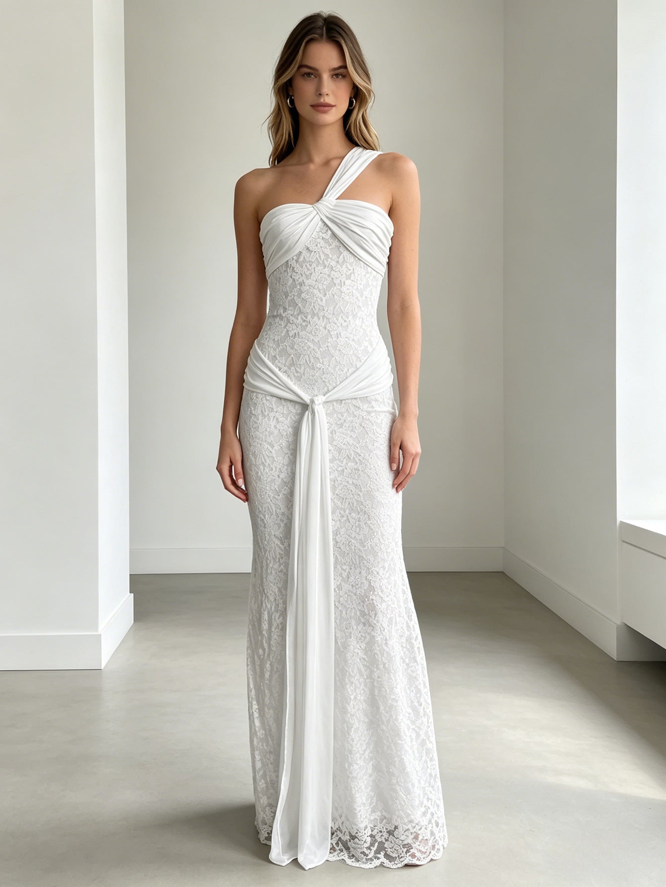 white slanted shoulder strap lace dress