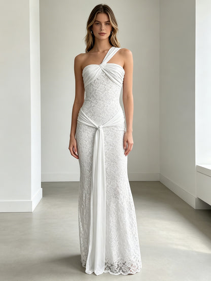 white slanted shoulder strap lace dress