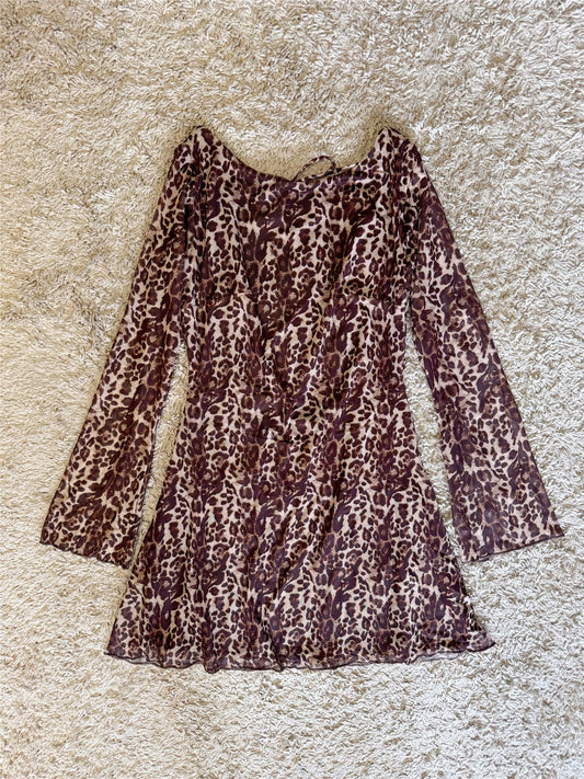 leopard print mesh flared sleeve tie backless flared sleeve short dress