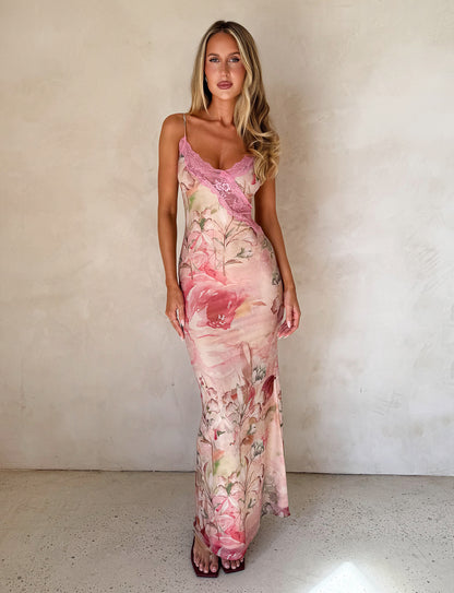 print backless lace hip skirt dress
