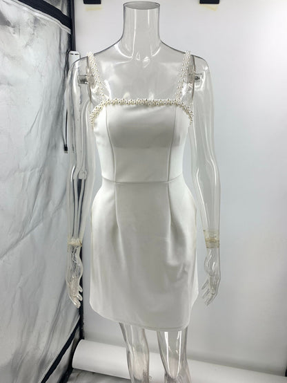 White Beaded Mini Dress - Embellished Suspender Party Dress