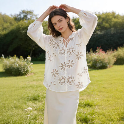 lower embroidery versatile stand-up collar long sleeve shirt