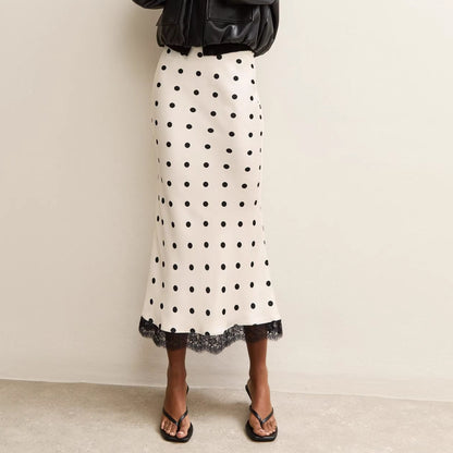 white polka dot lace patchwork midi skirt